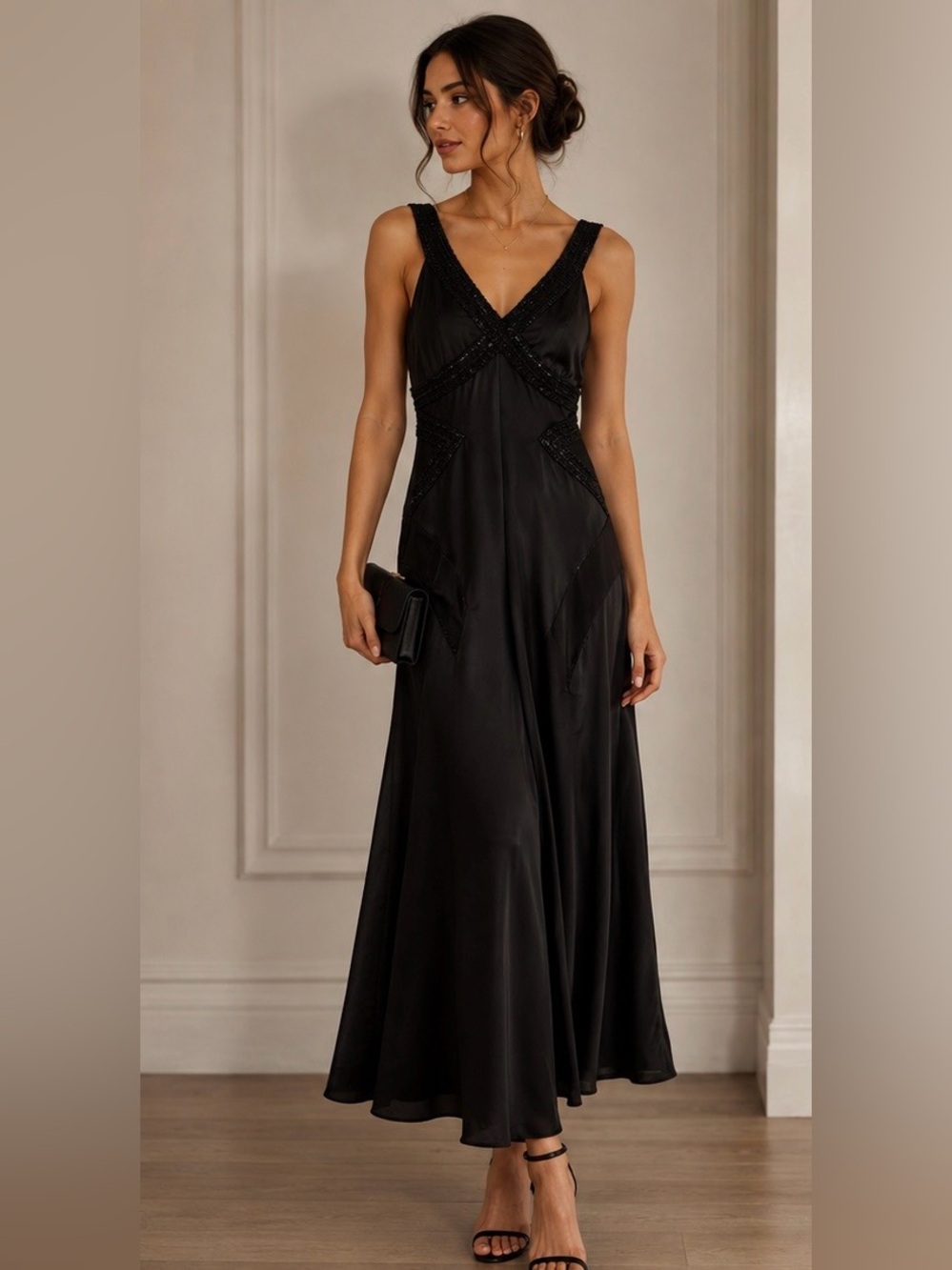 Precis Petite Black Beaded Maxi Formal Evening Gown – Size 8